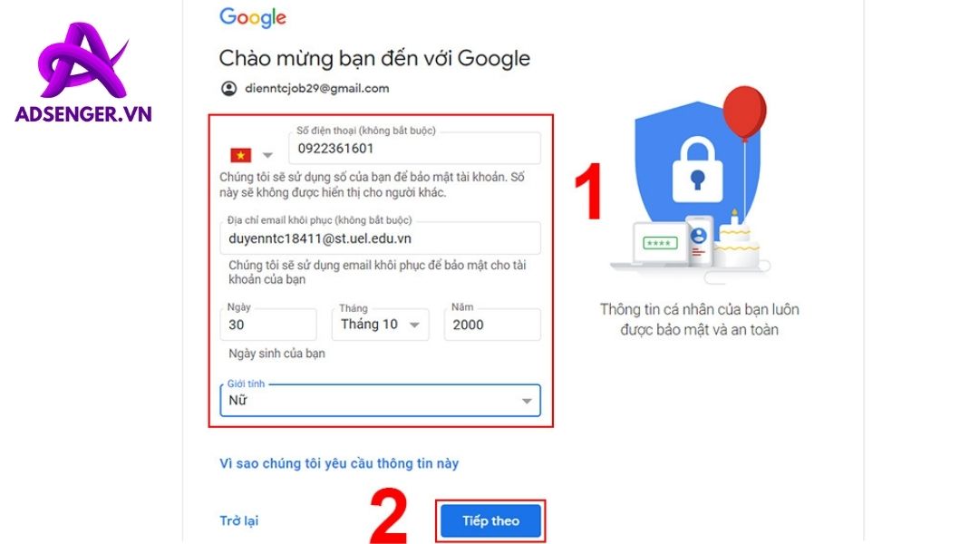 Nhập số điện thoại và địa chỉ email khôi phục khác